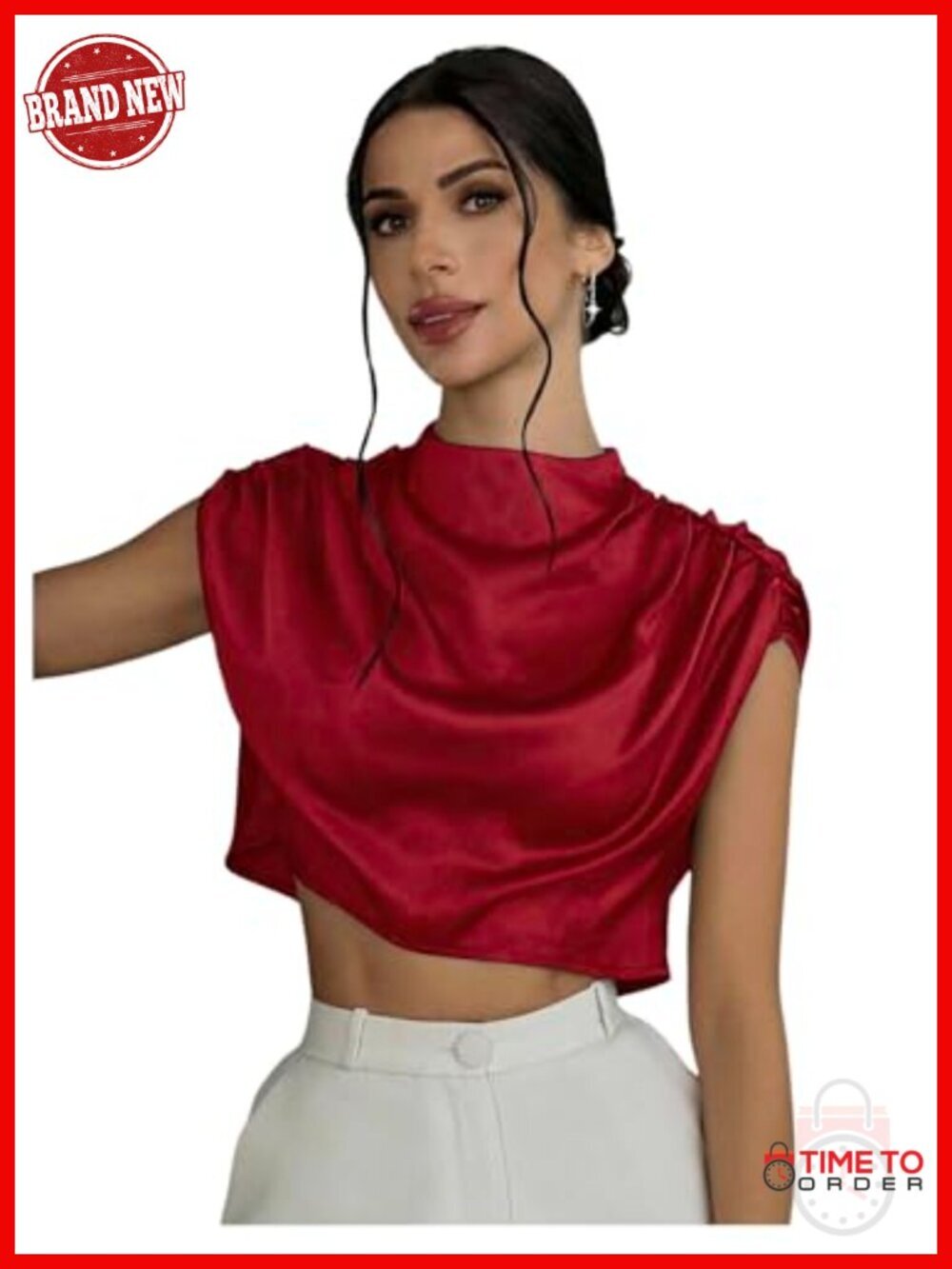 Satin Crop Top Mock Neck Ruched Cap Sleeve Blouse